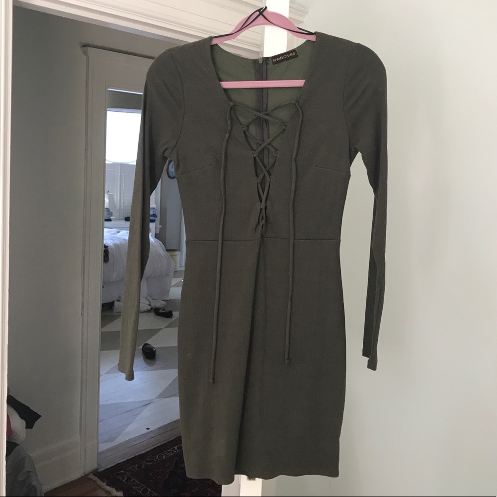 Army Green Long Sleeve Lace-Up Bodycon Dress